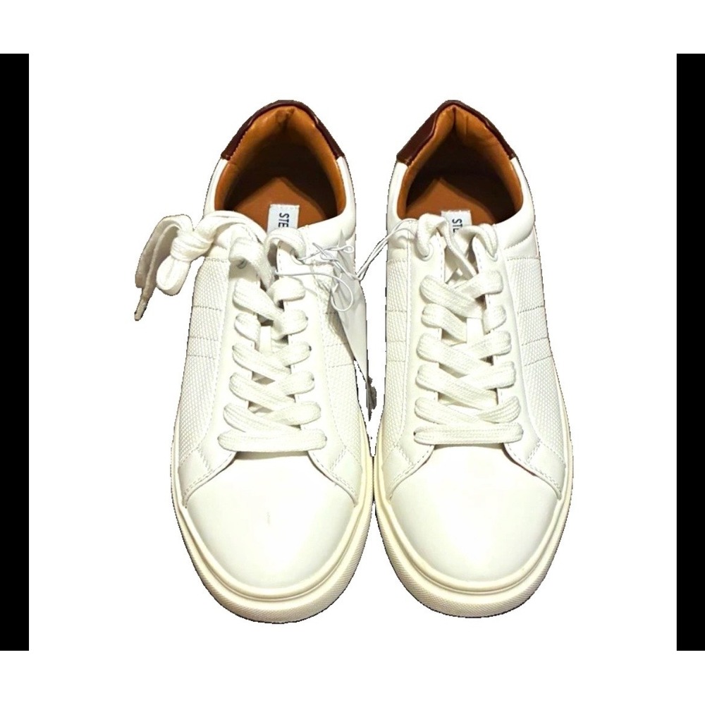 Steve Madden Mens White Low Top Sneakers Brown Heel Accent Lace Up Shoes Size 8